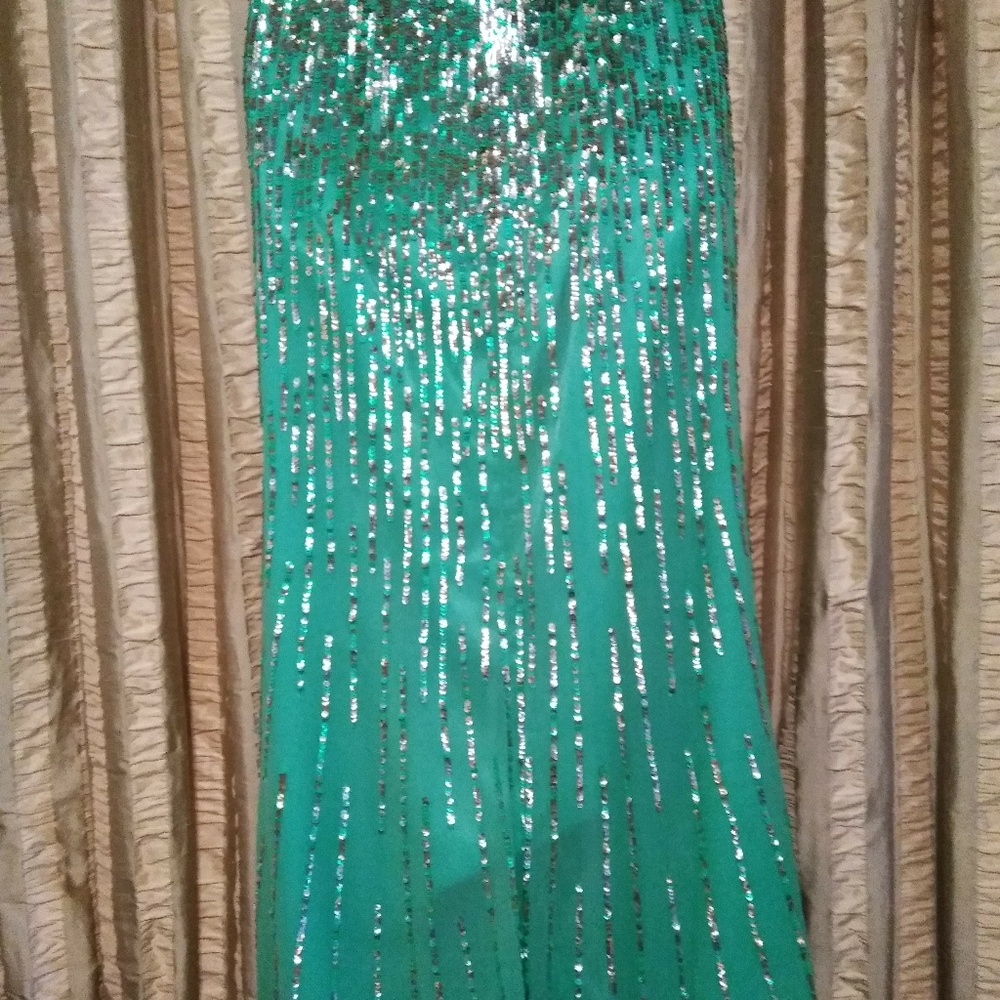 Size 8 Sherri Hill Teal Silk One-Shoulder Dress - Picture 7 of 9